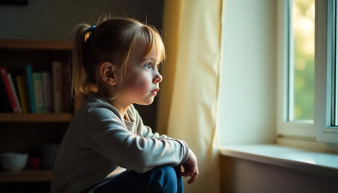 A young child sits alone by a window, looking thoughtful and quiet — a visual representation of childhood stress.