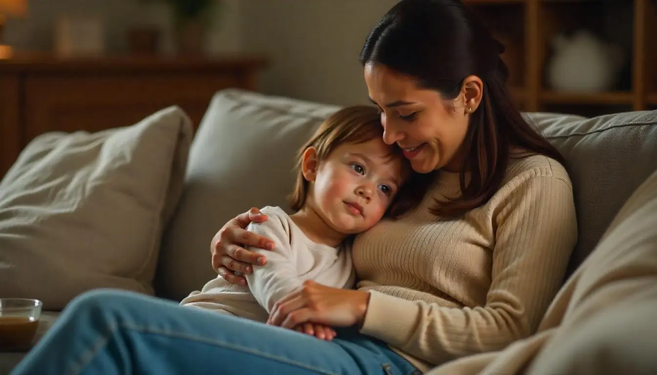 Mother reconnecting with her child after yelling, showing emotional safety and gentle parenting.