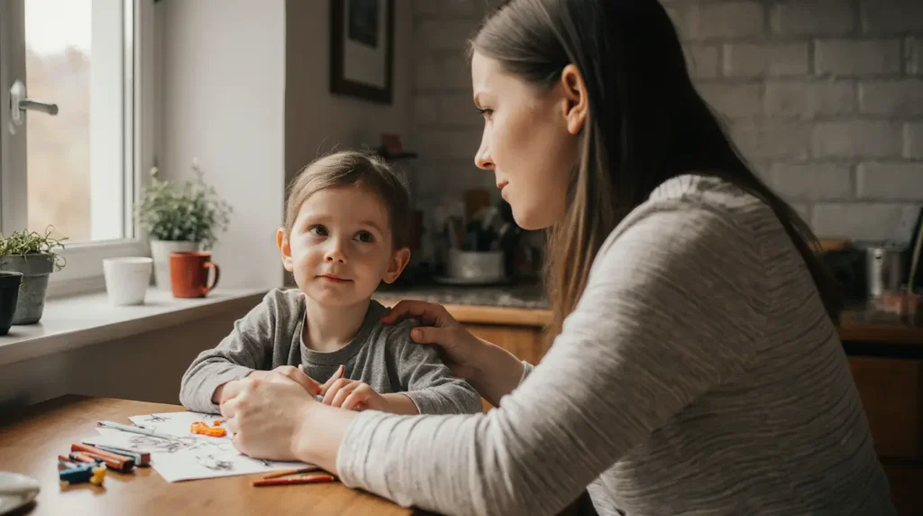 Parent showing gentle, warm validation to child at a kitchen table, teaching emotional connection in parenting.