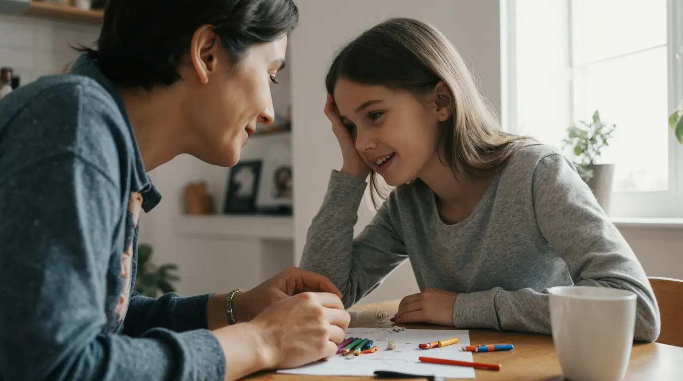 Parent showing gentle, warm validation to child at a kitchen table, teaching emotional connection in parenting.