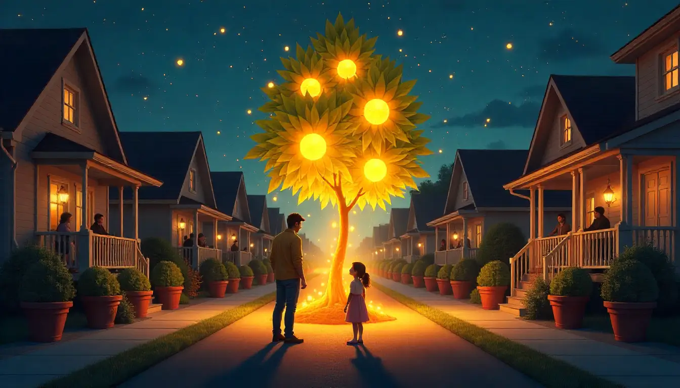 A glowing magical plant in a terracotta pot with golden fruits, surrounded by neighbors and a father with his daughter, symbolizing love and presence in a suburban neighborhood story.