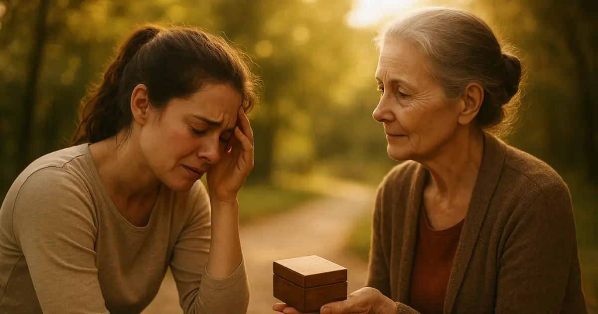 A tearful mother stands on a quiet garden path, meeting a gentle older woman holding a small wooden box. Soft golden-hour light filters through the trees, casting an ethereal glow on their faces. The scene conveys compassion, hope, and a tender, transformative moment.