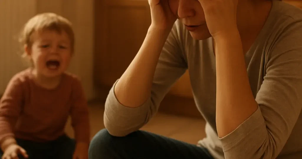 A young mother sits on the kitchen floor amid scattered toys, head in her hands, sunlight slanting through the blinds. Her child is crying nearby, the scene tense yet tender. The atmosphere feels raw and human, with soft natural lighting and muted colors.