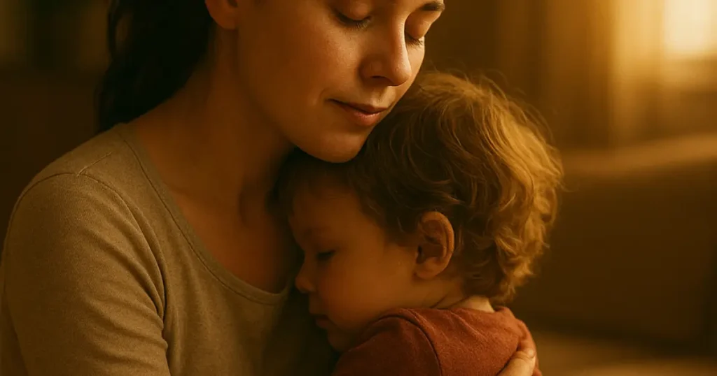 The mother now sitting calmly beside her child during a tantrum. The chaos still exists — spilled juice, tears — but her face is peaceful. The light feels slower, warmer, time suspended between them.