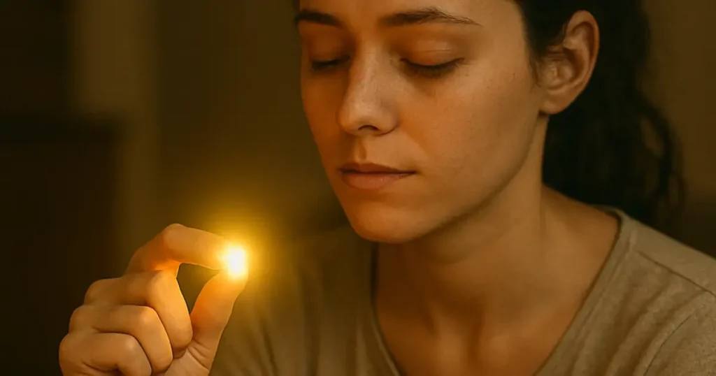 Close-up of the mother’s hand holding a small glowing pill, the light reflecting softly on her skin. Background blurred — only her calm expression emerging as she looks at it with curiosity and doubt.
